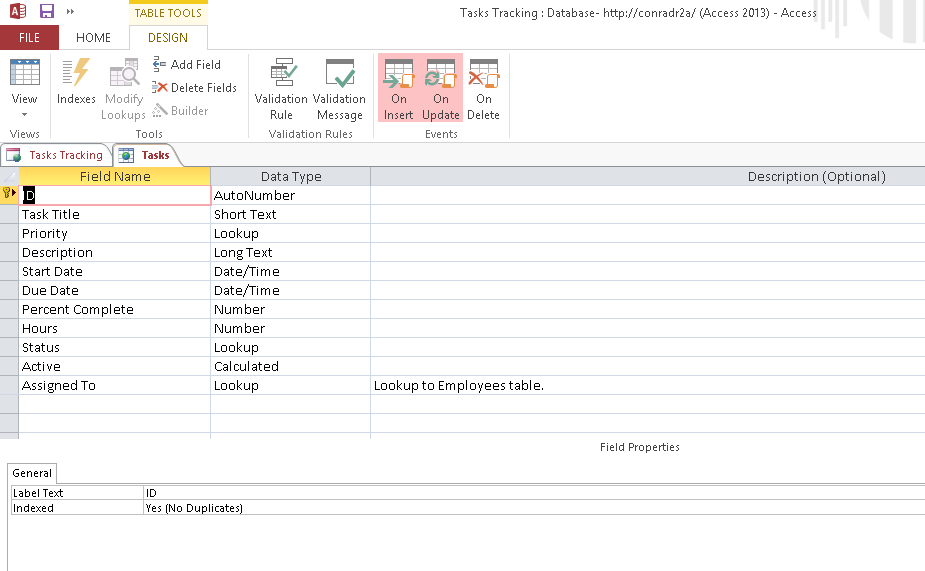 A screen shot of the tasks table open in Design view in Access. A three column grid is shown with Field Name, Data Type, and Description (Optional). Rows in the grid list all the fields and data types of the table.