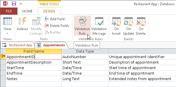 A screen shot of the Vendors table open in Design view. Author has clicked the Validation Rule button on the ribbon.