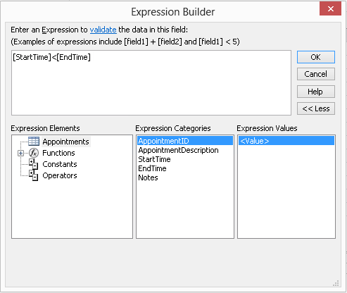 A screen shot of the Expression Builder dialog box in Access. The text box in the upper portion displays the expression [StartTime]<[EndTime].