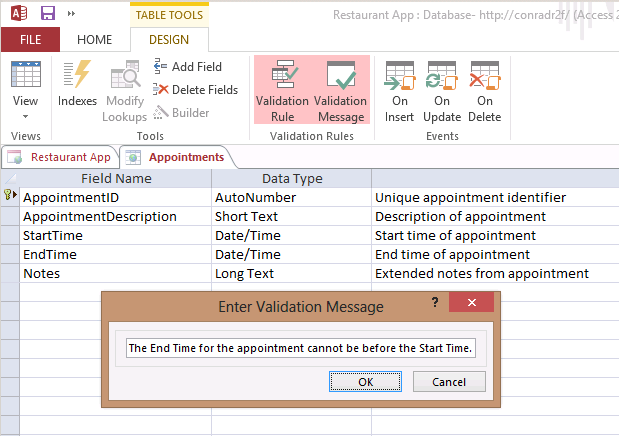 A screen shot of the Vendors table open in Design view. The Author has clicked the Validation Message button in the ribbon. An Enter Validation Message dialog box is displayed on top of the design grid and Author has entered a custom message.