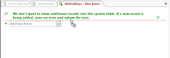 A screen shot of the macro design surface for the On Insert event of the tblWeekDays table. Author is dragging a Group program construct onto the macro design surface below the comment box. A horizontal bar is visible beneath the comment box where the cursor is located.