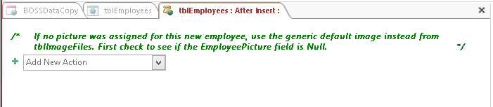 A screen shot of the macro design surface for the On Insert event of the tblEmployees table. Author has entered descriptive sentences into the comment text box.