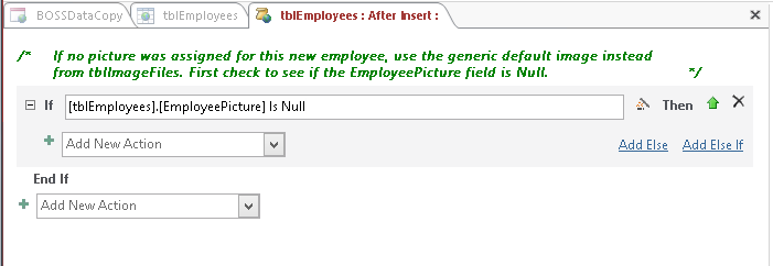 A screen shot of the macro design surface for the On Insert event of the tblEmployees table. A completed expression is shown in the expression text box in the If block.