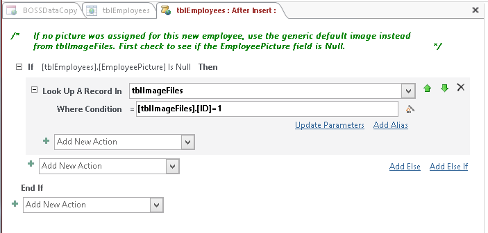 A screen shot of the macro design surface for the On Insert event of the tblEmployees table. Author entered tblImageFiles in the Look Up A Record In argument and an expression in the Where Condition argument for the LookupRecord data block.