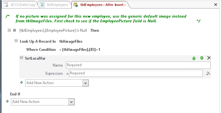 A screen shot of the macro design surface for the On Insert event of the tblEmployees table. A SetLocalVar block is shown inside the LookUpRecord block beneath the Where Condition argument.