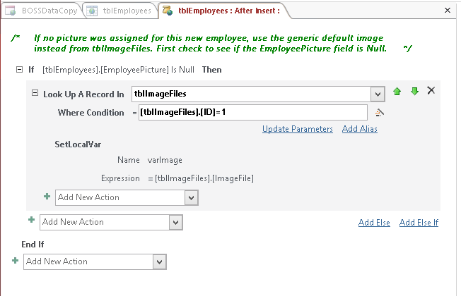 A screen shot of the macro design surface for the On Insert event of the tblEmployees table. Three Add New Action combo boxes are shown: One in the LookupRecord block, one in the If block, and another one at the bottom of the macro design surface.