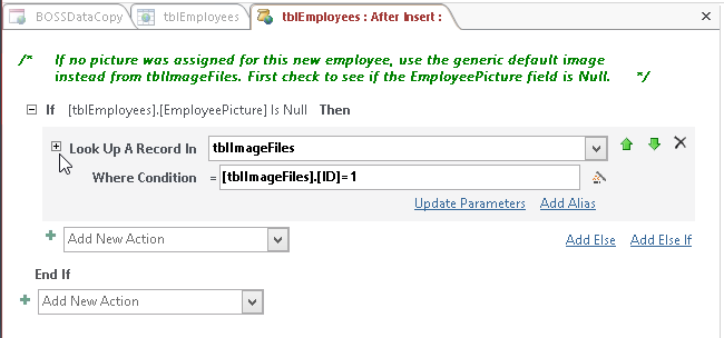 A screen shot of the macro design surface for the On Insert event of the tblEmployees table. Author has clicked a small box next to the LookupRecord block, which collapsed the actions inside the block and hid them from view.