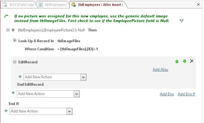 A screen shot of the macro design surface for the On Insert event of the tblEmployees table. An EditRecord block is highlighted and shown inside the If block and beneath the LookupRecord block.