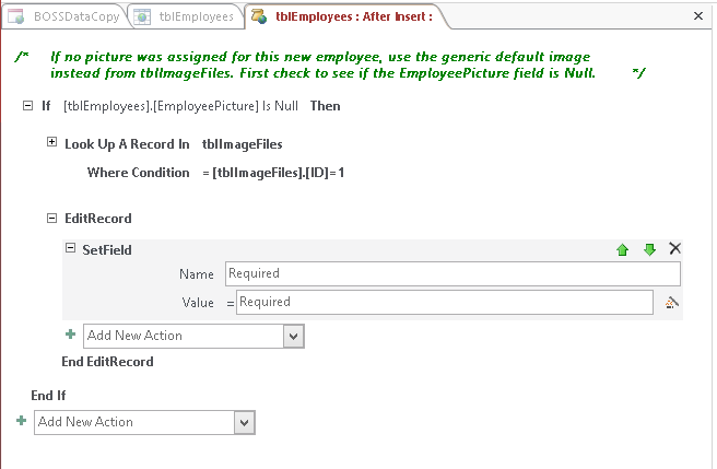 A screen shot of the macro design surface for the On Insert event of the tblEmployees table. A SetField data action is highlighted and shown inside the EditRecord data block.