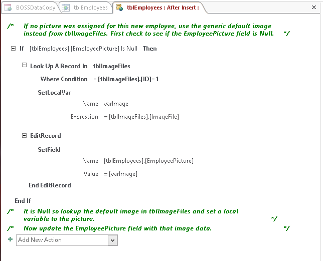 A screen shot of the macro design surface for the On Insert event of the tblEmployees table. Author is entering some descriptive notes into two comment blocks at the bottom of the design surface.