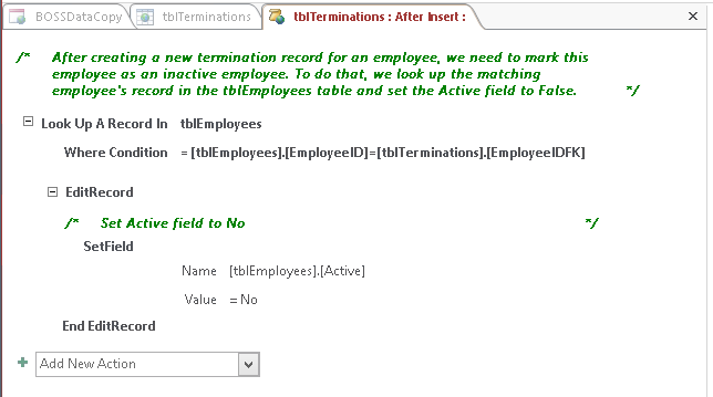 A screen shot of the macro design surface for the On Insert event of the tblTerminations table. The logic includes a LookupRecord with an EditRecord and SetField action.