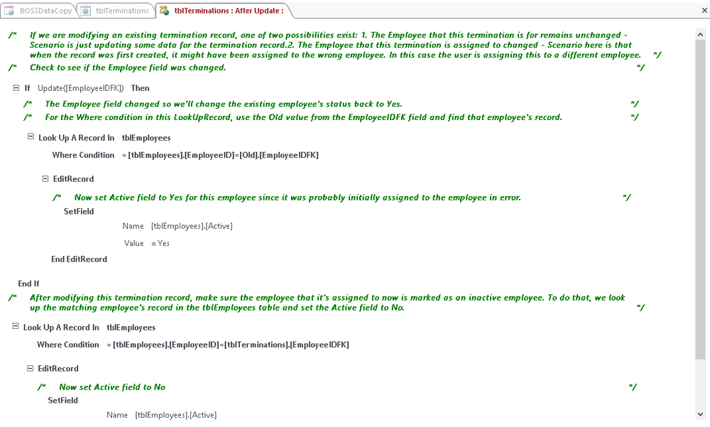 A screen shot of the macro design surface for the On Update event of the tblTerminations table. The logic begins with two comments blocks, an If block, and a LookupRecord block.