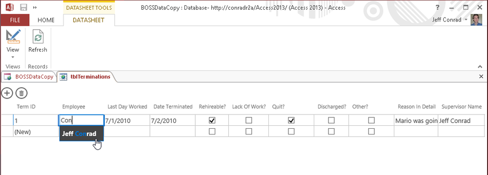 A screen shot of the tblTerminations table open in Datasheet view. Author has typed the letters Con into the field labeled Employee and then selected the name Jeff Conrad from the drop-down list.