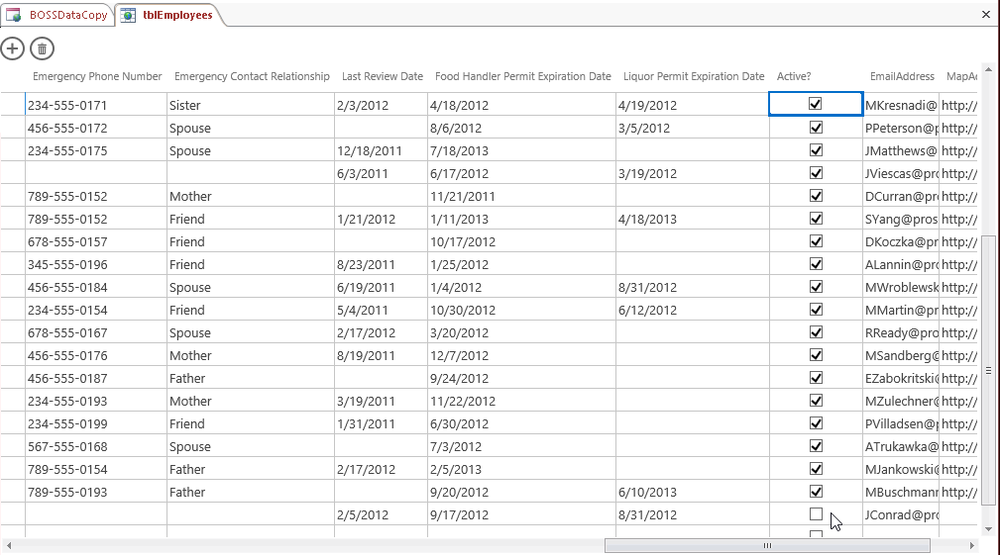 A screen shot of the tblEmployees table opened in Datasheet view. Author has highlighted the Active field for two records to indicate that they were changed by the data macro.