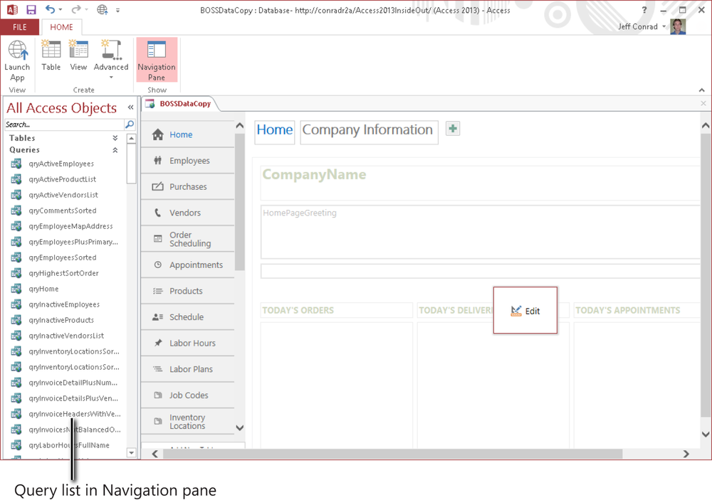 A screen shot of the Access application window with the BOSSDataCopy web app currently open. The Home ribbon is across the top, and the Navigation pane is expanded on the left side. The Navigation pane currently displays a list of query object names.