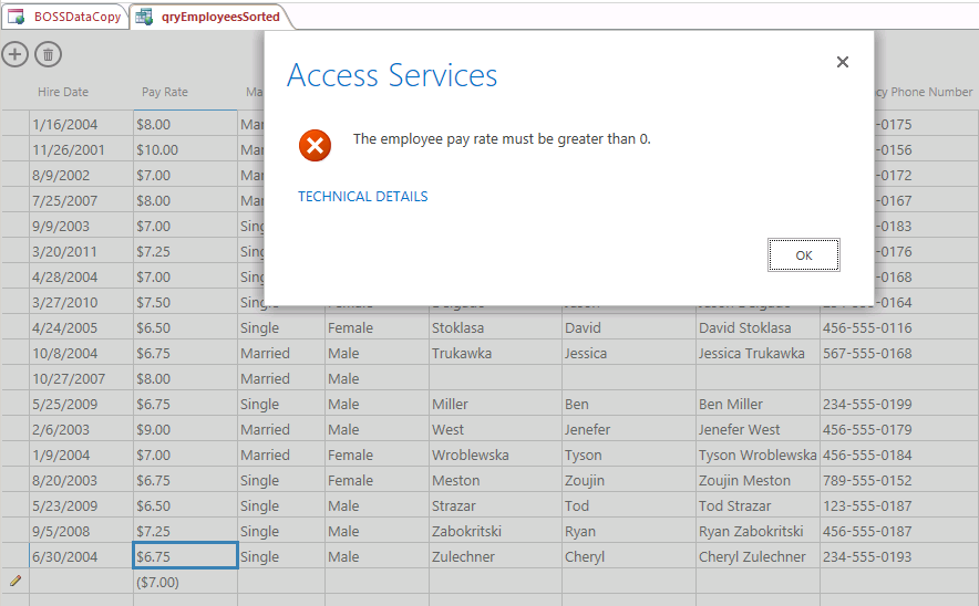 A screen shot of the qryEmployeesSorted query open in Datasheet view. Author has entered a negative value into the PayRate field for a new record. An error dialog is shown above the data grid indicating that the value must be greater than zero. An OK button is displayed on the dialog.