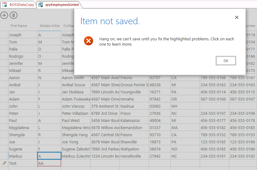 A screen shot of the qryEmployeesSorted query open in Datasheet view. Author has entered two letters into the MiddleInitial field for a new record. That cell is highlighted in red in the data grid. An error dialog is shown above the data gird indicating that the item could not be saved.