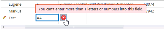 A screen shot of the qryEmployeesSorted query open in Datasheet view. A small button with a red circle is shown to the right of the grid cell where author entered an invalid value. Author has clicked this button, and a ScreenTip is shown above the cell.