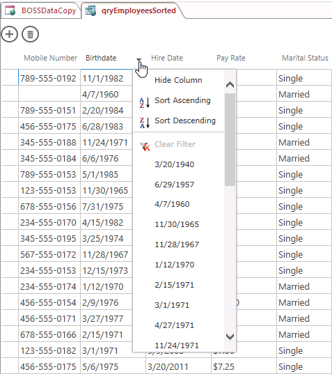 A screen shot of the qryEmployeesSorted query open in Datasheet view. Author has clicked a down arrow on the right side of the Birthdate column header. A drop-down list of sorting and filtering options is displayed beneath the column header.