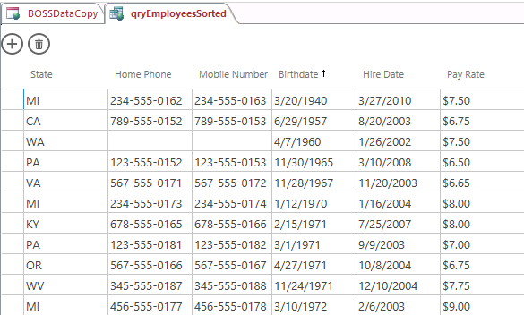 A screen shot of the qryEmployeesSorted query open in Datasheet view. An up arrow is shown next to the Birthdate column header. The records displayed in the grid are sorted in ascending order by the BirthDate field.