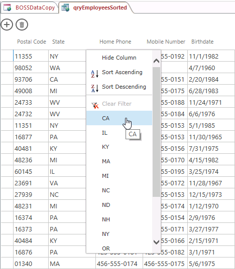 A screen shot of the qryEmployeesSorted query open in Datasheet view. Author has clicked CA in the drop-down list of sorting and filtering options displayed beneath the State column header.