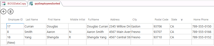 A screen shot of the qryEmployeesSorted query open in Datasheet view. A funnel icon is shown next to the State column header. Three records are displayed in the grid where the State field displays CA.