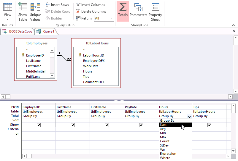 A screen shot of a new query open in Design view. The Totals button on the Design contextual ribbon tab is currently highlighted. Author has selected Sum from the drop-down list of options on the Total row under the Hours output column in the design grid.