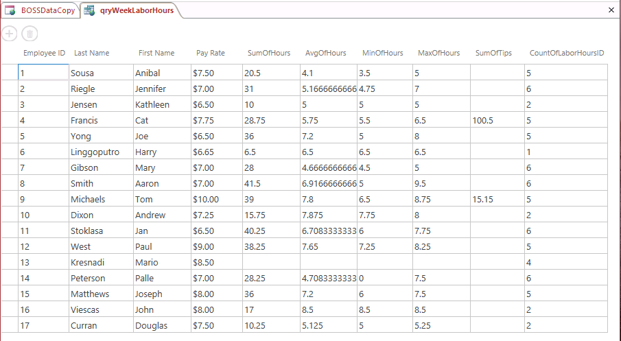 A screen shot of the qryWeekLaborHours query open in Datasheet view. Output columns in the grid are displaying data grouped by the options previously selected.