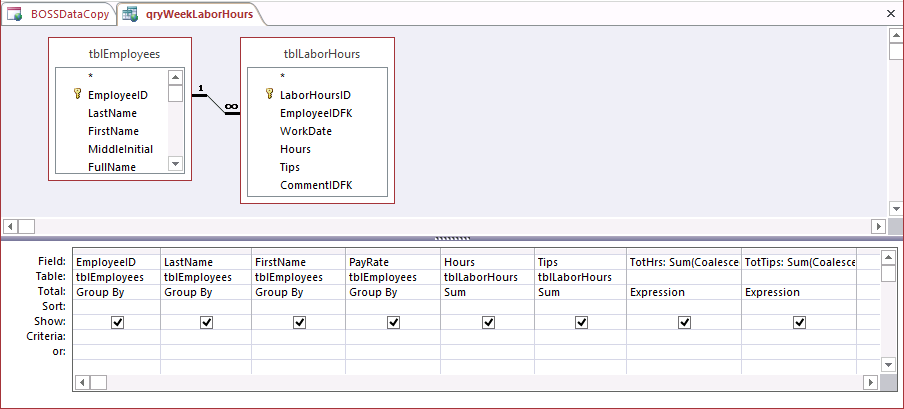 A screen shot of the qryWeekLaborHours query open in Design view. Two extra columns using expressions are displayed on the right side of the design grid.