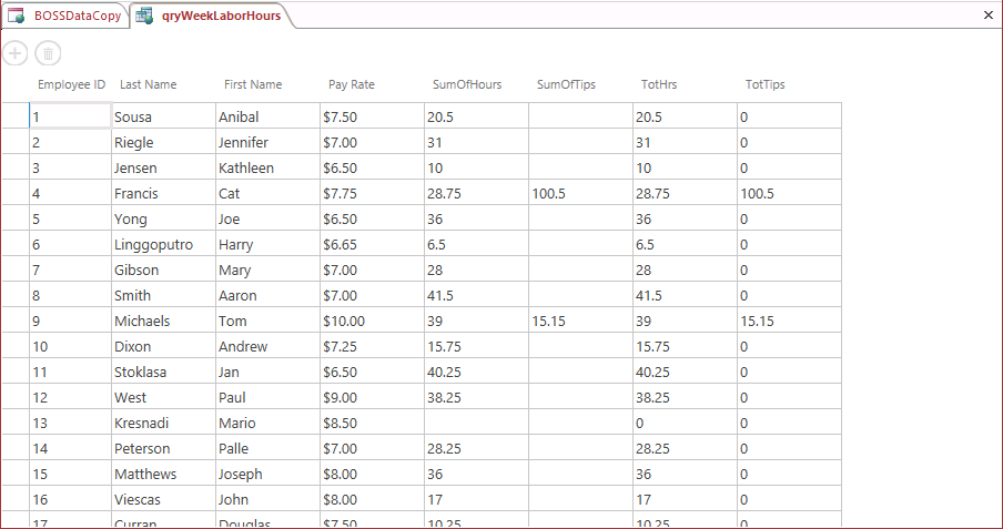 A screen shot of the qryWeekLaborHours query open in Datasheet view. The two expression output columns are shown on the right side of the grid, and each record displays either a value or zero for those two columns.