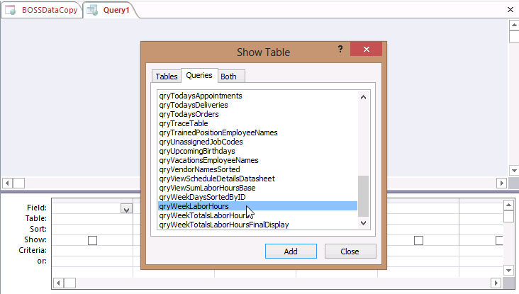 A screen shot of a new query open in Design view. The Show Table dialog box is on top of the query window, and the author has selected qryWeekLaborHours on the Queries tab.