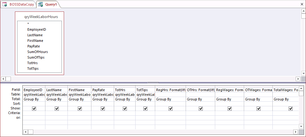 A screen shot of a new query open in Design view with qryWeekLaborHours in the upper part of the design window. Four calculated columns with expressions are shown on the right side.