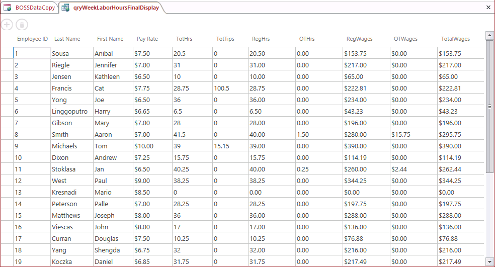 A screen shot of the qryWeekLaborHoursFinalDisplay query open in Datasheet view. The four calculated columns with data for each record are displayed on the right side of the grid.