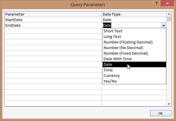 A screen shot of the Query Parameters dialog box. The dialog contains two columns: Parameter and Data Type. StartDate and EndDate are in the Parameter column for two rows. Author has selected Date in the Data Type column for the second row.