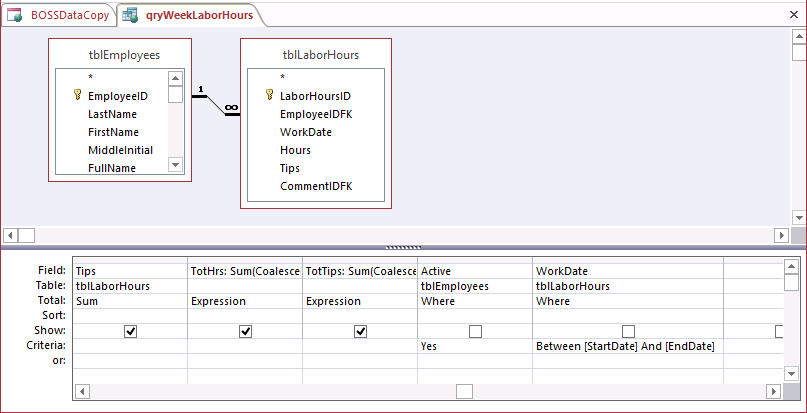 A screen shot of the qryWeekLaborHours query open in Design view. The WorkDate field is now listed as a column on the right side of the design grid. The Show check box is cleared for this column, Where is listed on the Total line, and an expression is listed in the Criteria line.