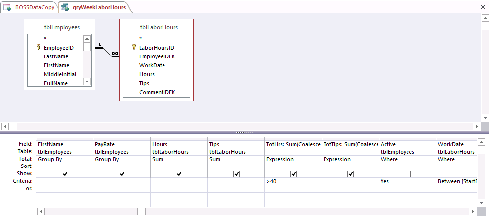 A screen shot of the qryWeekLaborHours query open in Design view. Author has entered >40 on the Criteria line under the TotHrs calculated column.