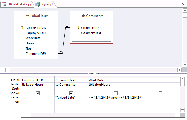 A screen shot of a new query open in Design view with tblLaborHours and tblComments in the upper part of the design window. Three fields from the two tables are shown as output columns.