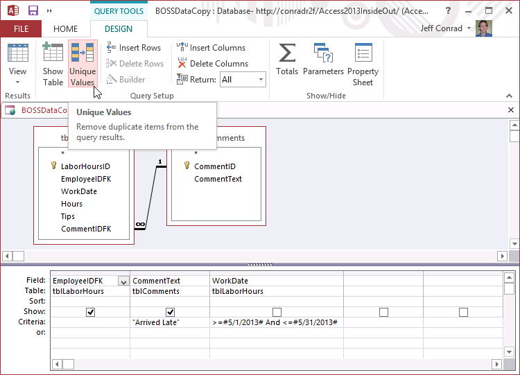 A screen shot of the qryUniqueValues query open in Design view. Author has clicked the Unique Values command in the Query Tools Design contextual ribbon tab.