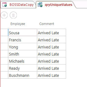 A screen shot of the qryUniqueValues query open in Datasheet view. No duplicate records for employees are now seen in the rows.