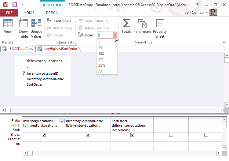 A screen shot of the qryHightestSortOrder query open in Design view. Author has typed 1 into the Return text box command displayed on the Query Tools Design contextual ribbon tab. This text box also includes a drop-down list of options: 5, 25, 100, 5%, 25%, and All.