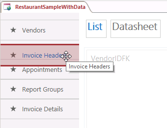 Screen shot of the Table Selector in Access. The author is dragging the Invoice Headers table name above the Appointments table.