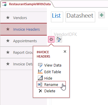 A screen shot of the gear charm property callout expanded with five options showing: View Data, Edit Table, Hide, Rename, and Delete. Author has clicked Rename.