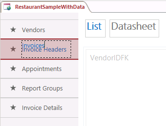 A screen shot of the Table Selector in Access. Author has typed Invoices as a new caption for the Invoice Headers table element.