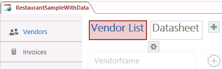 A screen shot of the View Selector in Access. The new caption Vendor List is displayed for the first view of the Vendors table.