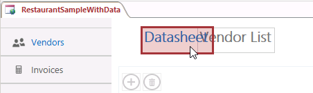 Screen shot of the View Selector in Access. The author is dragging the Datasheet view caption to the left of the Vendor List view caption.