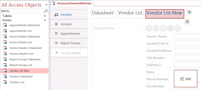 Screen shot of the Navigation pane and App Home View in Access. The new view Vendor List New is highlighted in the Navigation pane, and the new view caption Vendor List New is highlighted in the View Selector for the Vendors table.