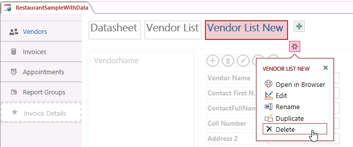 A screen shot of the property callout view below the Vendor List New view caption in the View Selector. Author has clicked Delete on the callout menu.