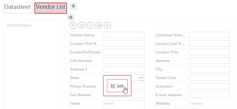 A screen shot of the View Selector and view preview window in Access. Author selected the Vendor List view caption in the View Selector and has clicked the Edit button in the middle of the application window.