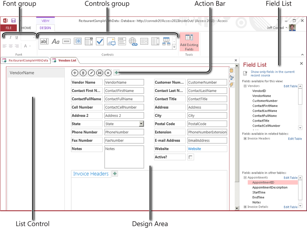 A screen shot of the quick-created List Details view for the Vendors table open in Design view. The contextual ribbon for view design is shown along with various controls on the design grid in the middle of the screen and the Field List on the right side of the screen.