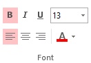 A screen shot of all the commands in the Font group in the Design contextual ribbon tab.